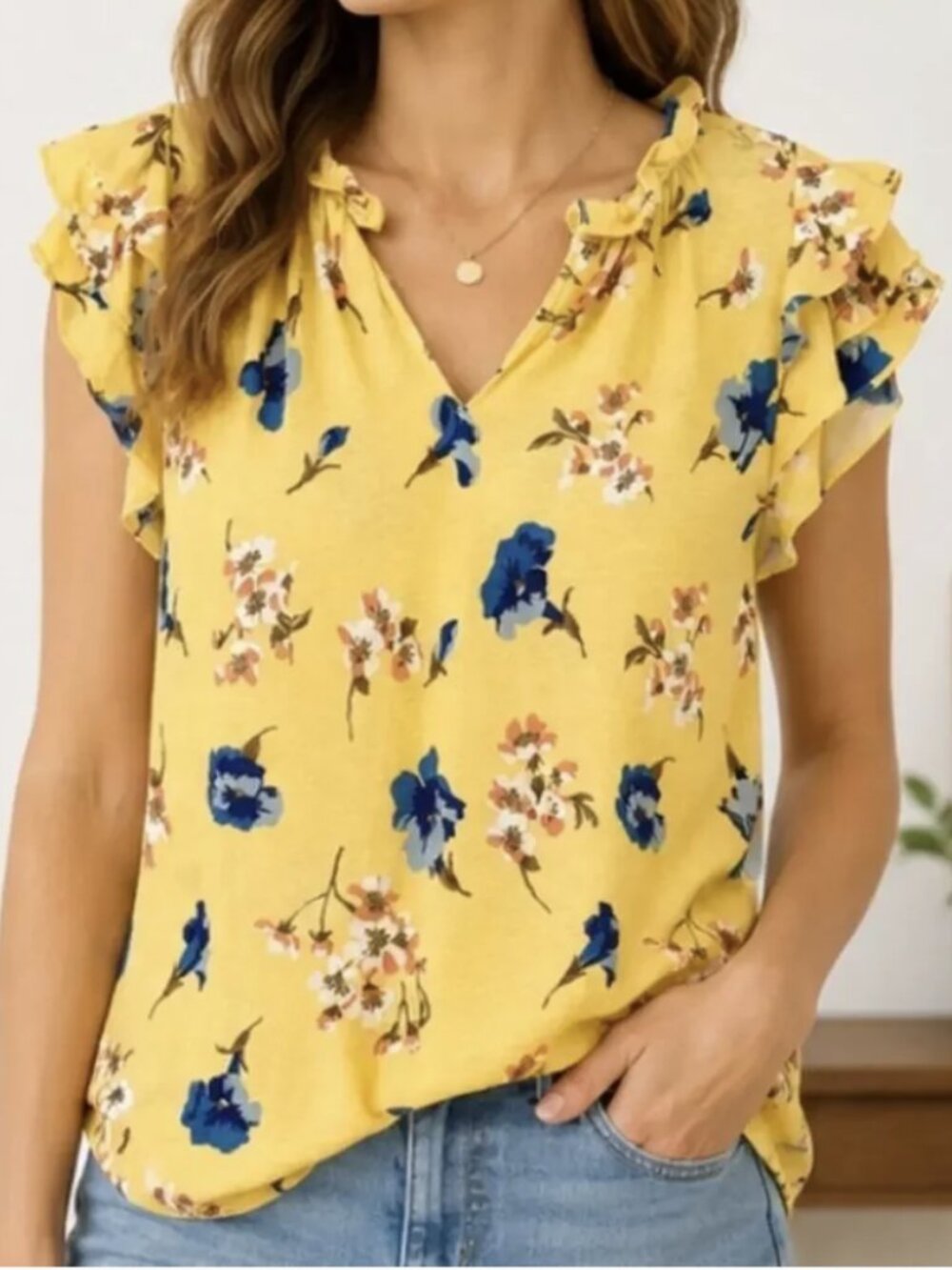 Lauren Ralph Lauren 3X Yellow Floral Ruffle Short Sleeve V-neck Linen Blend Top